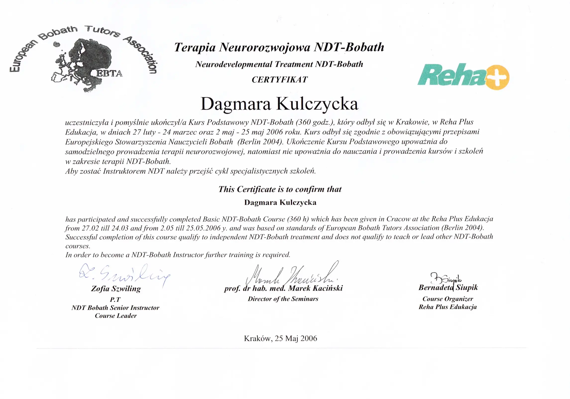 Certifikat NDT Bobath Dagmara Kulczycka 2006