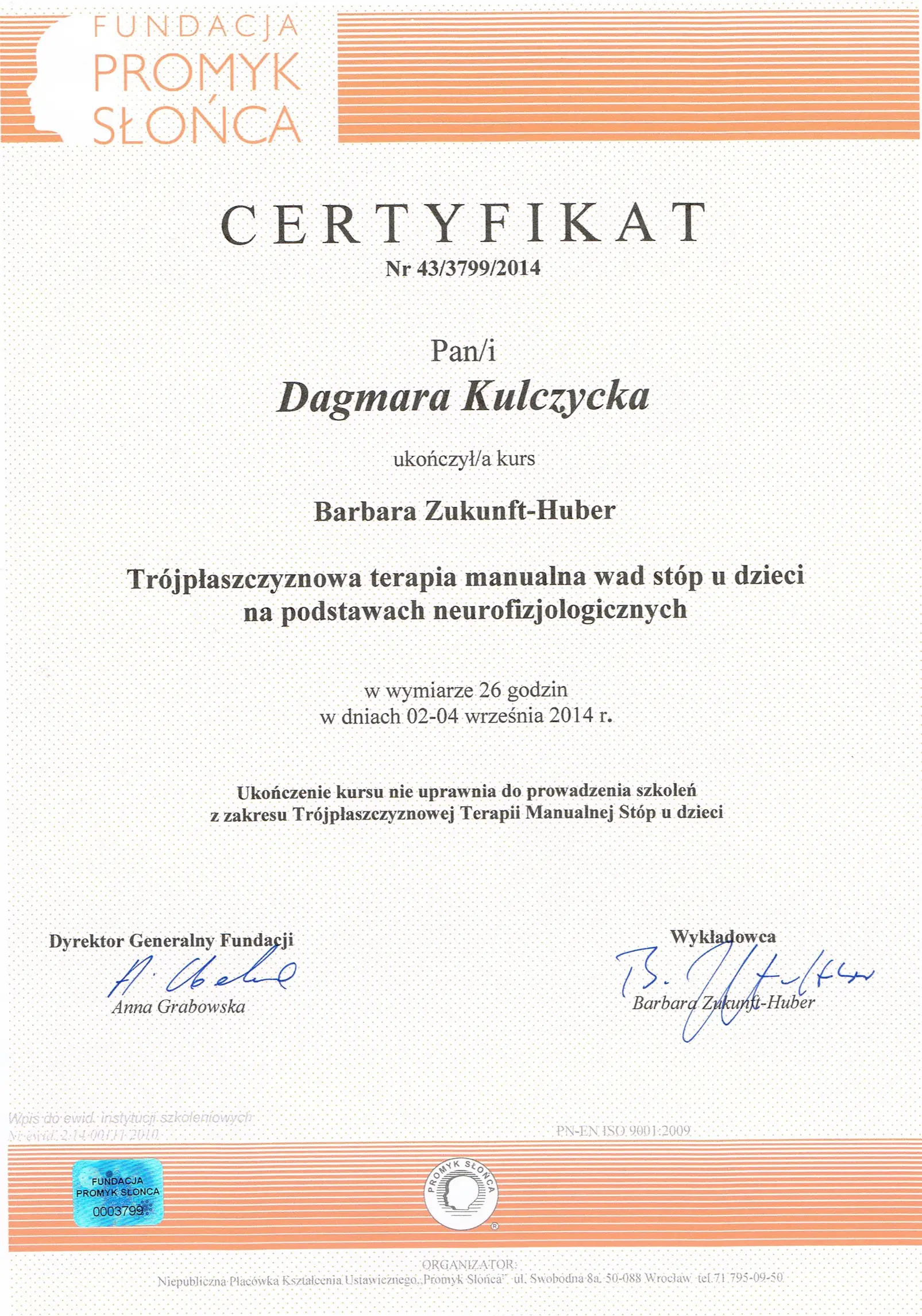 Certifikat Trojplasczyznowa terapia manualna stop Dagmara Kulczycka 2014