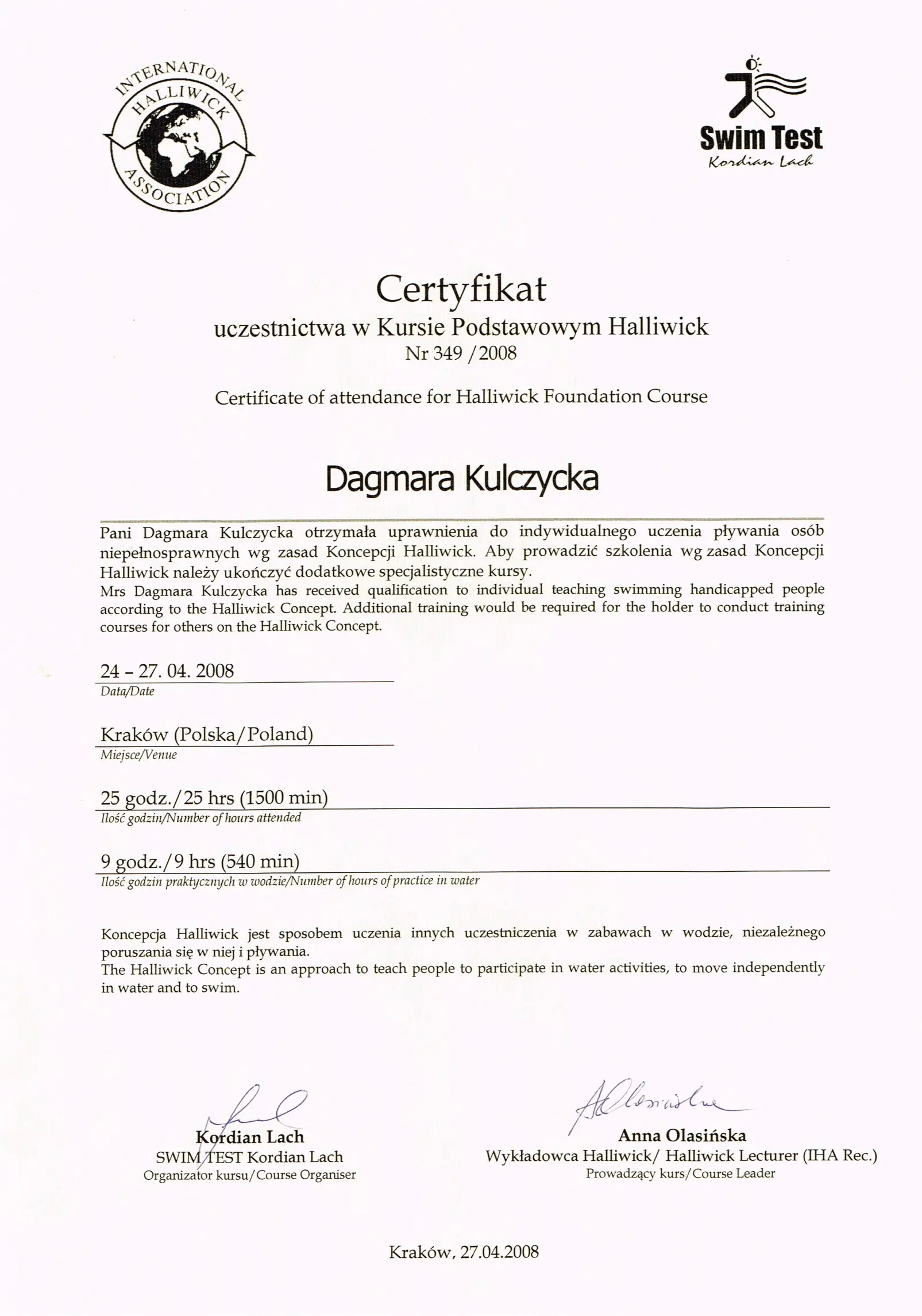Certyfikat Hallwick Dagmara Kulczycka 2008