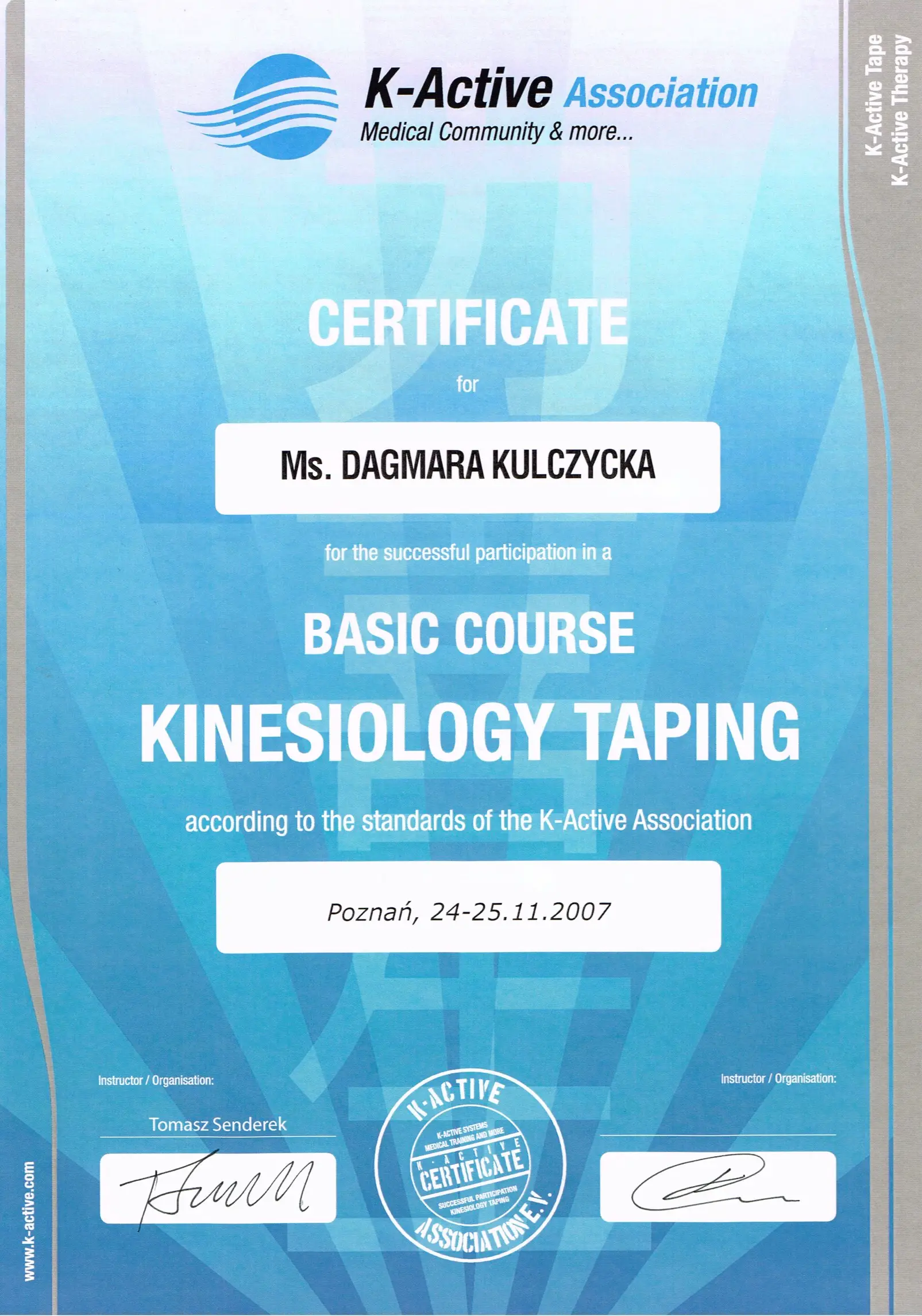 Certyfikat Kinesiology Taping Dagmara Kulczycka 2007
