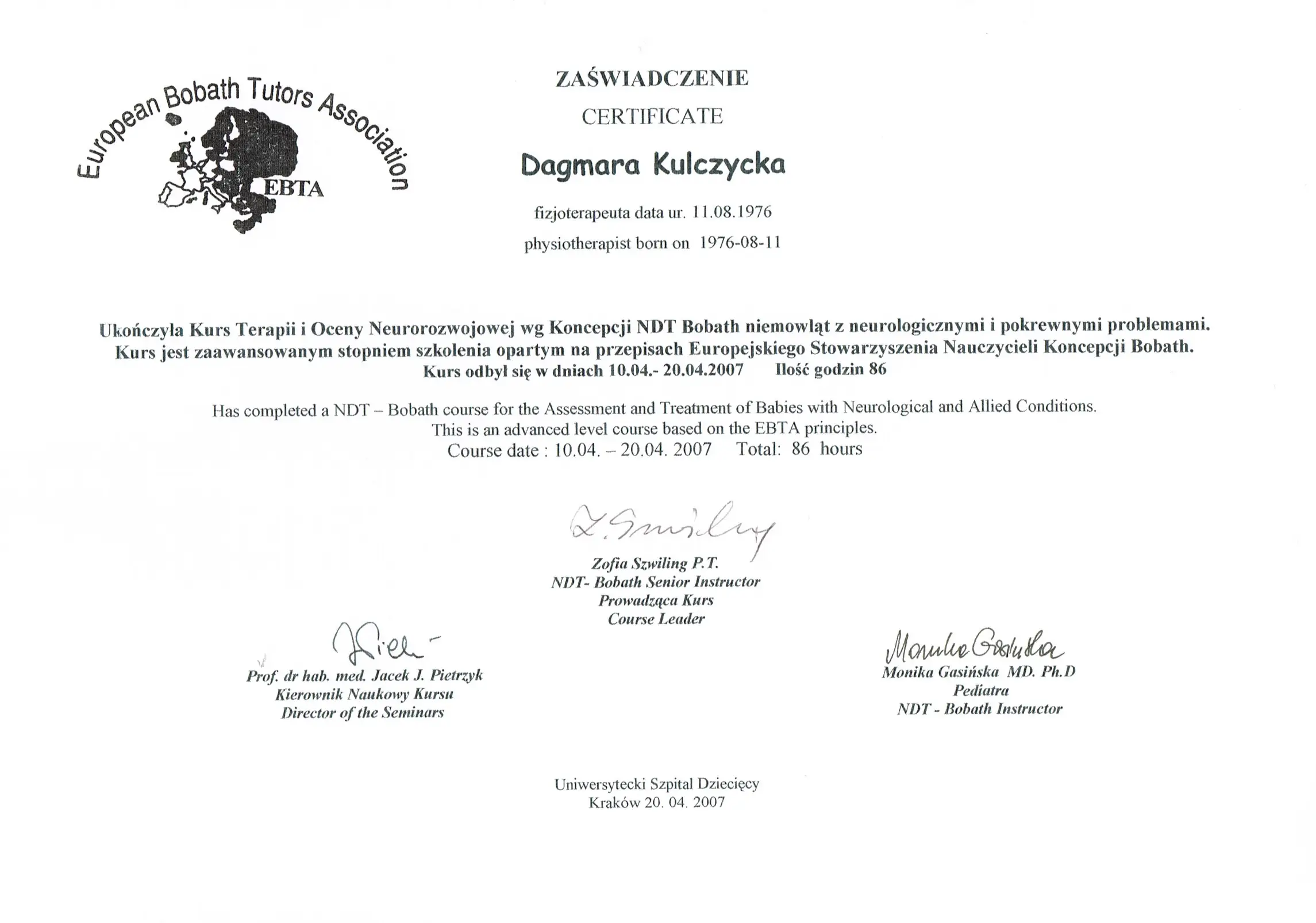 Certyfikat NDT Baby Bobath Dagmara Kulczycka 2007