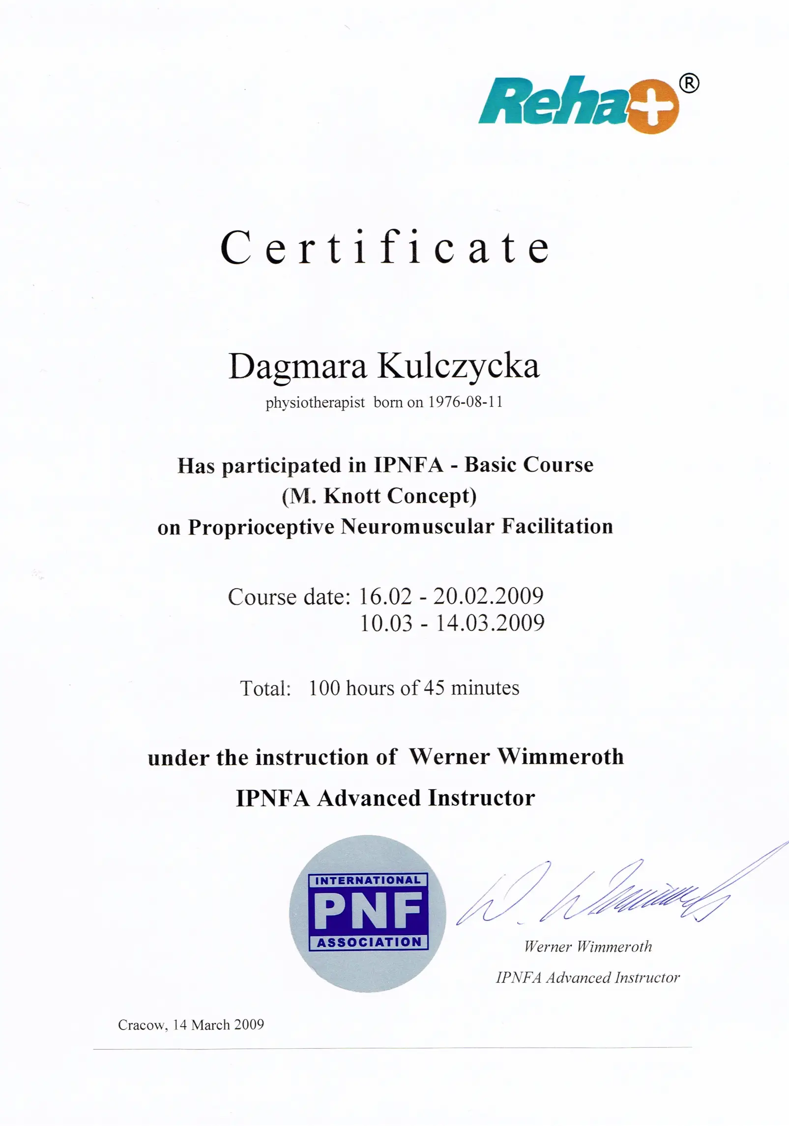 Certyfikat PNF Dagmara Kulczycka 2009