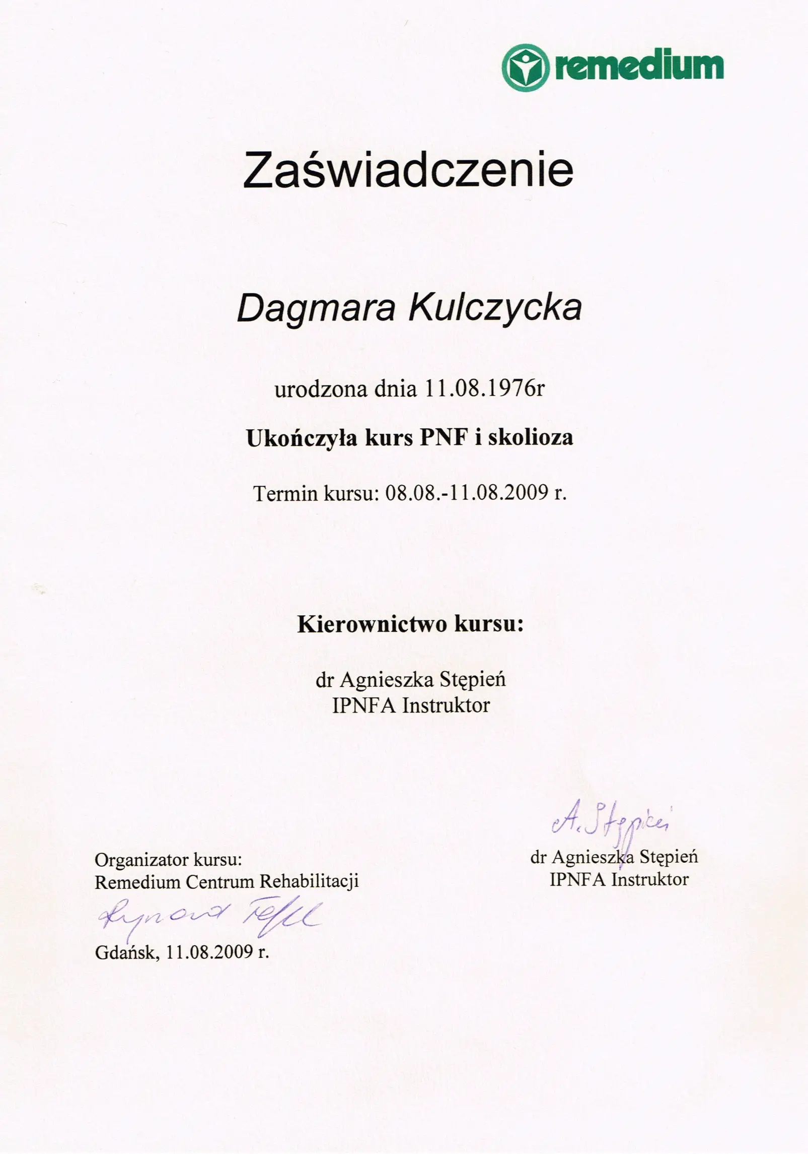 Certyfikat PNF w skoliozie Dagmara Kulczycka 2009