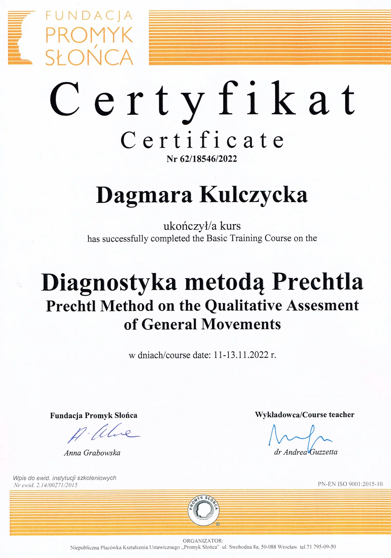 Certyfikat Prechtla Dagmara Kulczycka 2022
