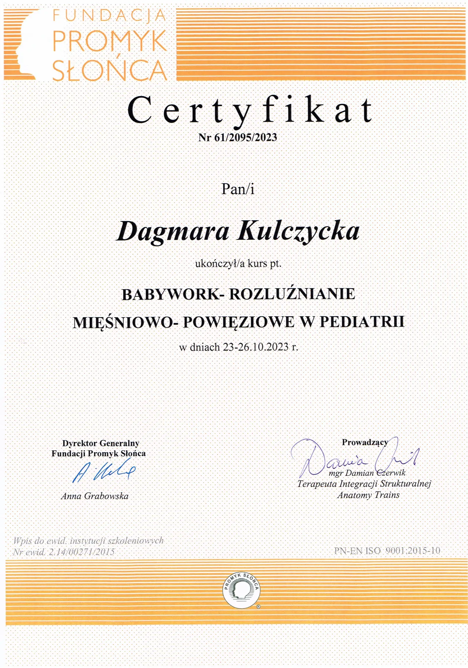 Certyfikat Rozluznianie miesniowo powieziowe w pediatrii Dagmara Kulczycka 2023